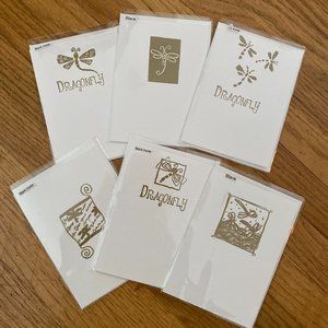 6 Handmade Gold Embossed Dragonfly Theme Greeting Cards (Blank)